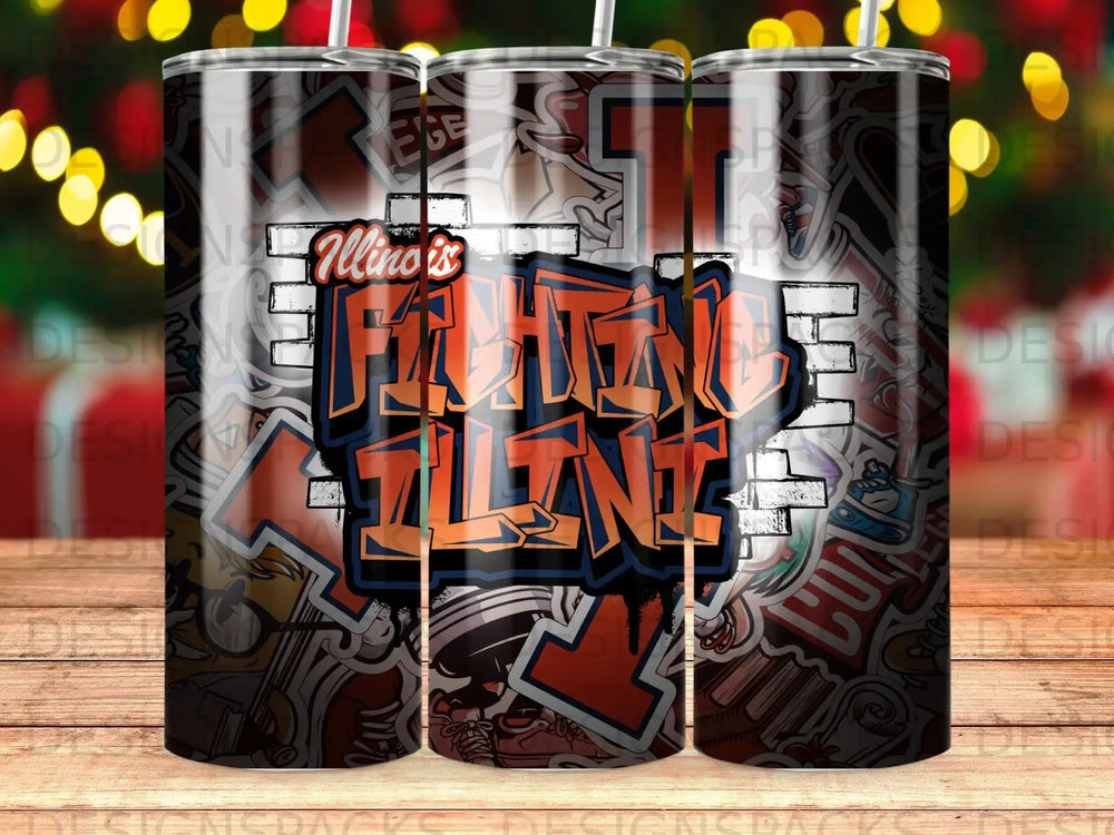 Graffiti design with "Illinois is Fighting Illini" text on a tumbler.