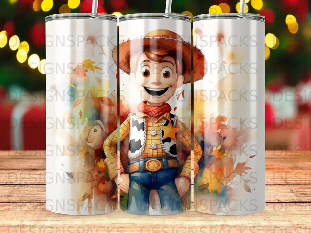 Woody from Toy Story cartoon character wearing cowboy outfit.