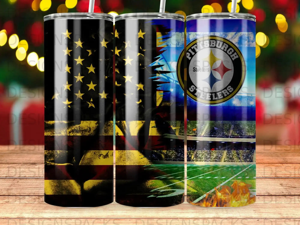 Pittsburgh Steelers flag tumbler with football field and stadium background.