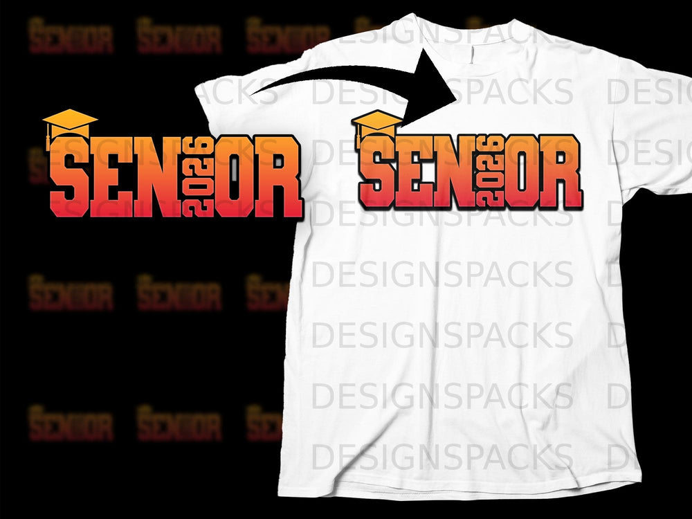 "Senior 2026" graphic with graduation cap on a white t-shirt.