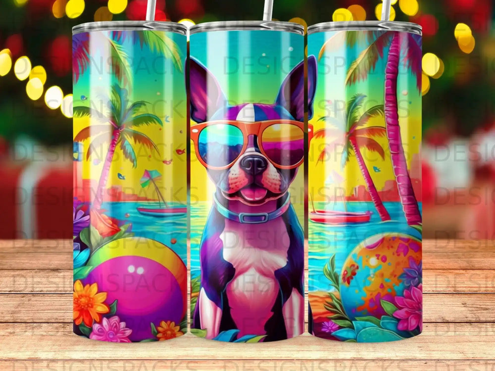 French bulldog in sunglasses on a beach with palm trees and colorful flowers.