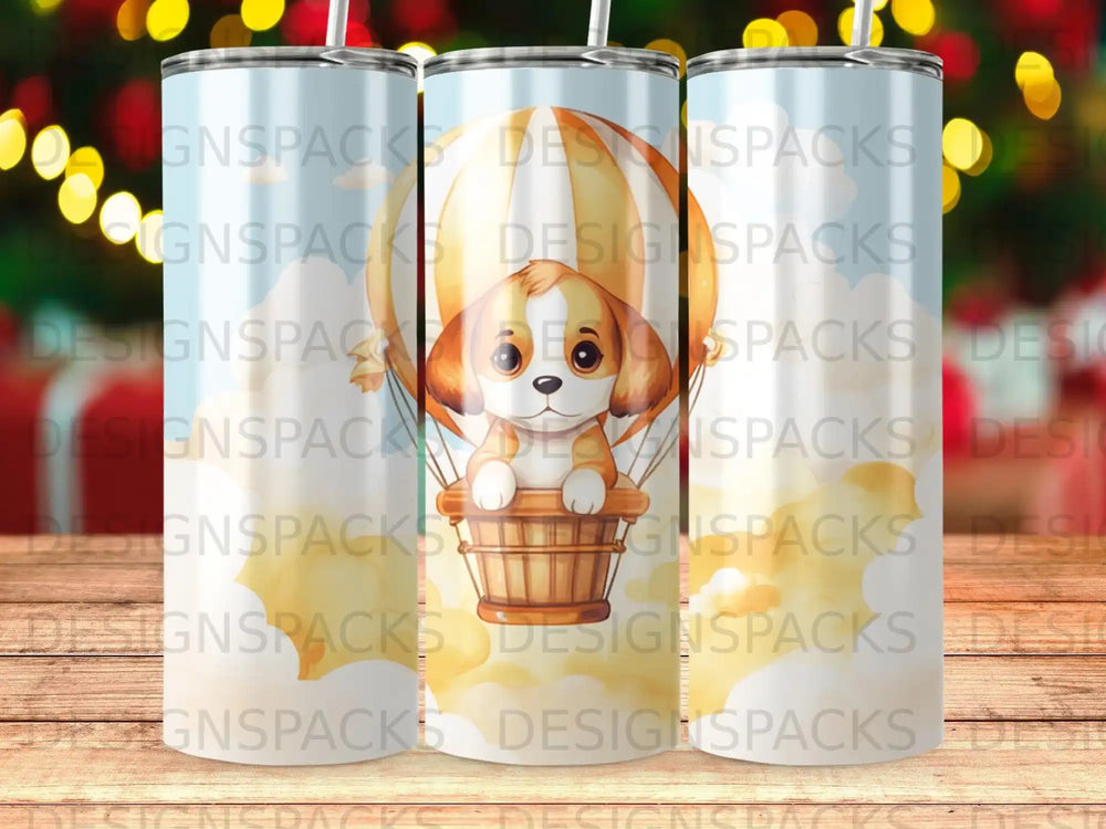 Puppy in a hot air balloon with clouds and bokeh lights.