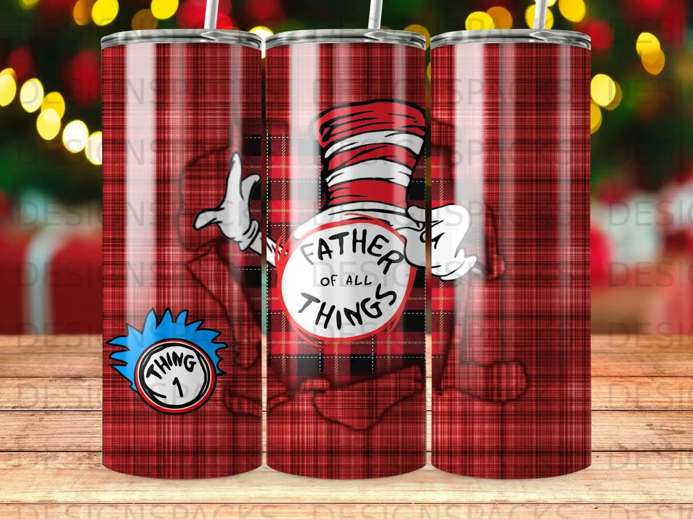 Red plaid tumbler with Cat in the Hat's hat and "Father of All Things" text.