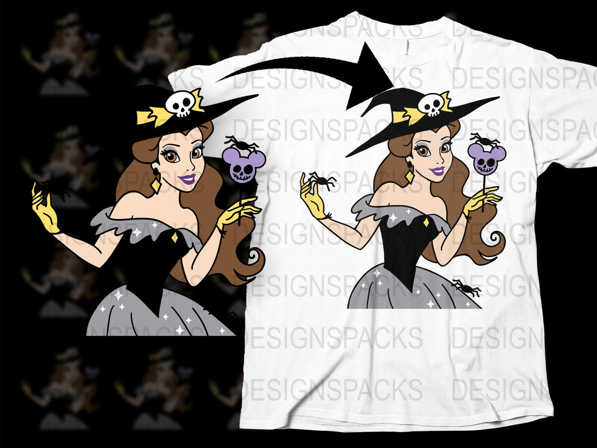 Witch Cartoon Character T-Shirt, Halloween Costume Design, Spooky Cute Witch with Skull, Women's Graphic Tee