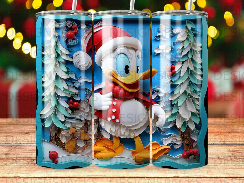 Donald Duck in winter scene with snow-covered trees and red berries.