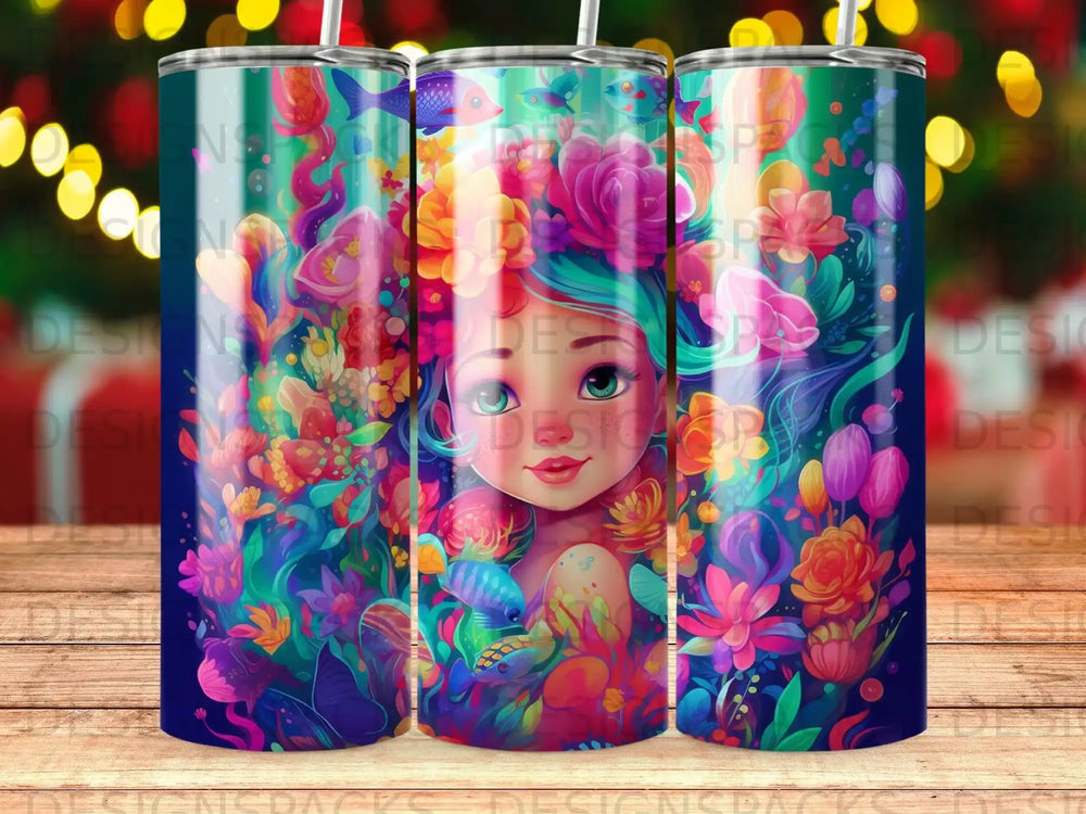 Illustration of a whimsical girl surrounded by colorful coral, flowers, and fish.
