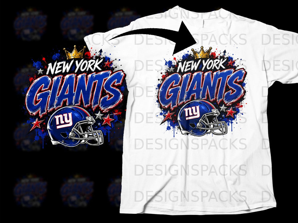 New York Giants logo with helmet and crown on white t-shirt.