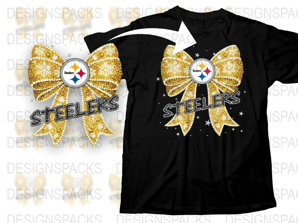 Pittsburgh Football Team Bow Design T-Shirt, Glitter Rhinestone, Fan Apparel, Sports Tee, Casual Wear, Gift for Sports Fans