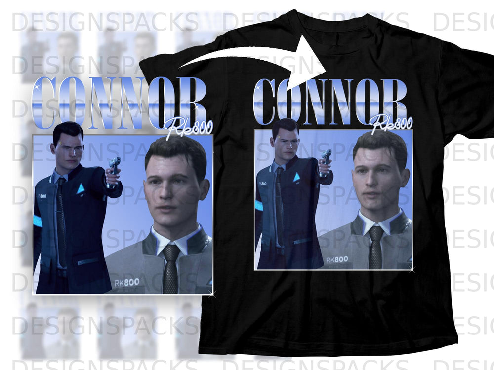 Black t-shirt with Connor RK800 art featuring android holding a gun.
