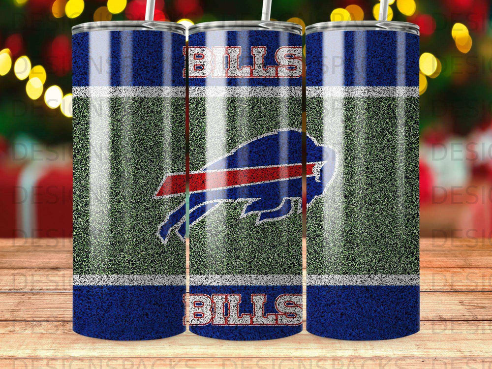 Buffalo Bills logo on a football field patterned tumbler with a white lid and straw.