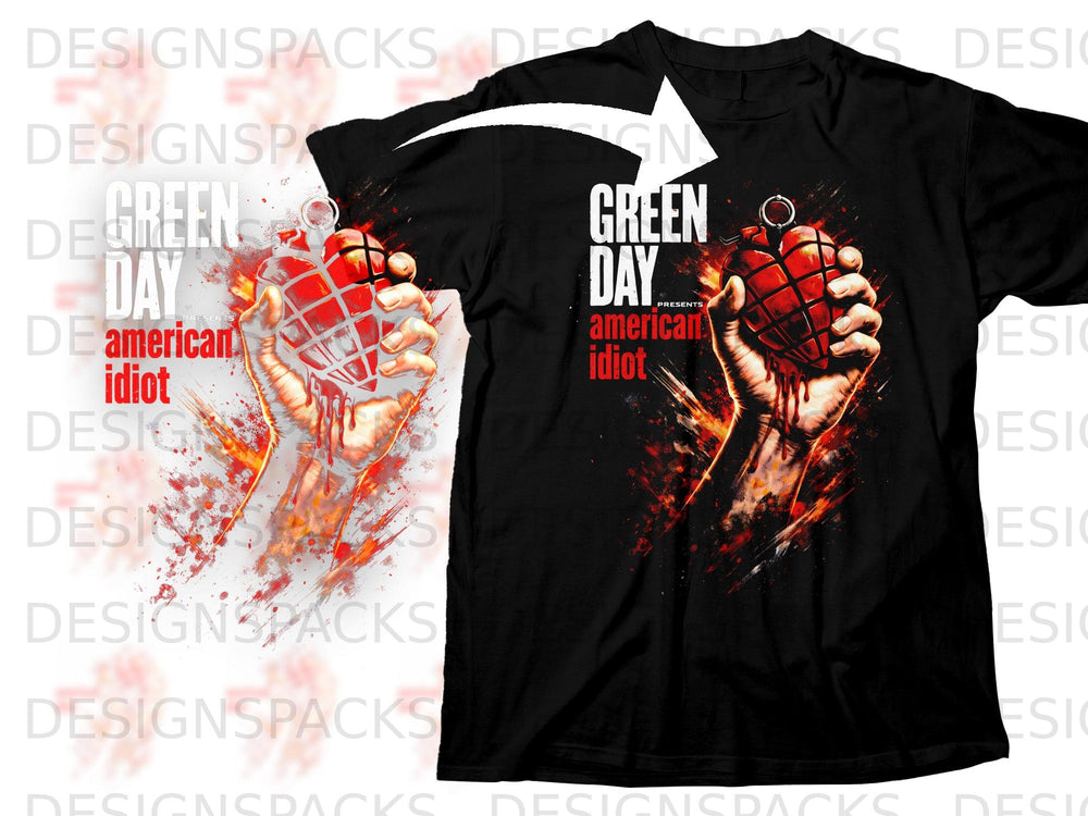 Black t-shirt with Green Day American Idiot grenade graphic and bloody hand.