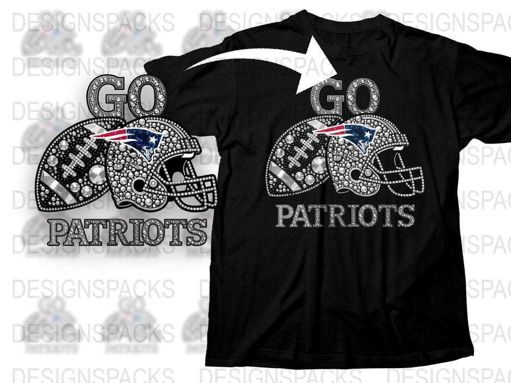 Rhinestone Embellished Patriots Football T-Shirt, Sparkly Fan Gear, Black Tee