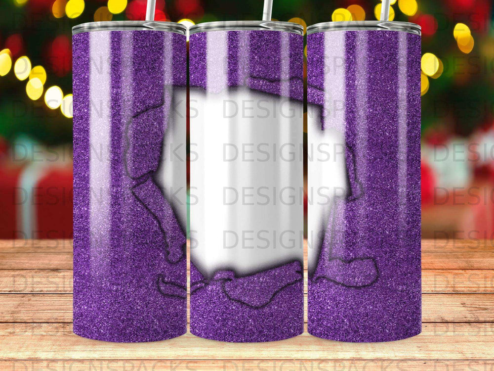 Purple glitter tumbler with a white outline of a skeleton.