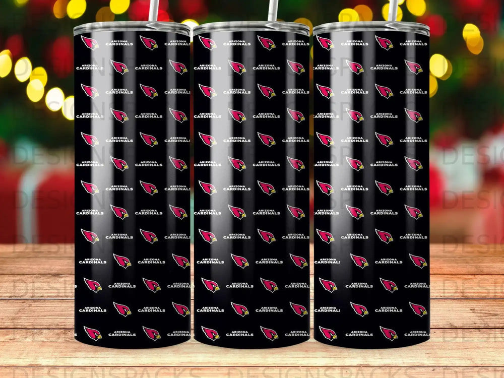 Three Arizona Cardinals tumblers with repeating team logos and team name.
