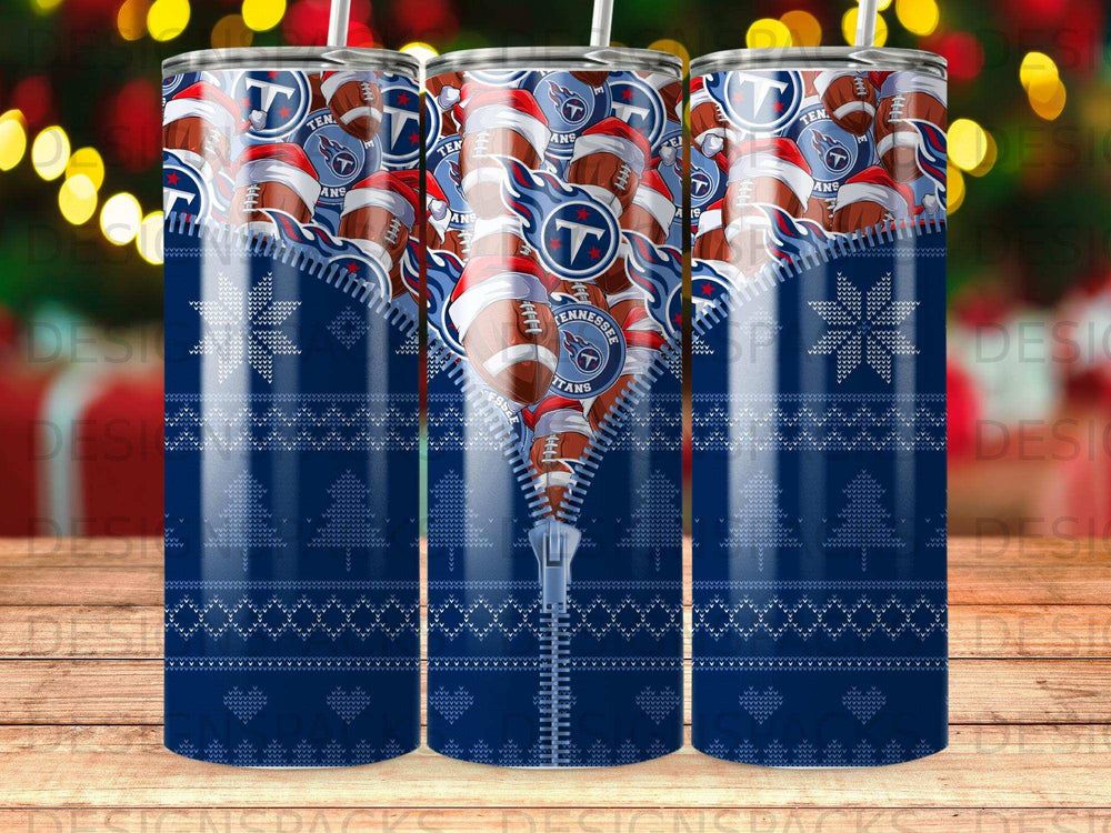 Tennessee Titans football logo on a blue snowflake pattern tumbler with a zipper graphic.
