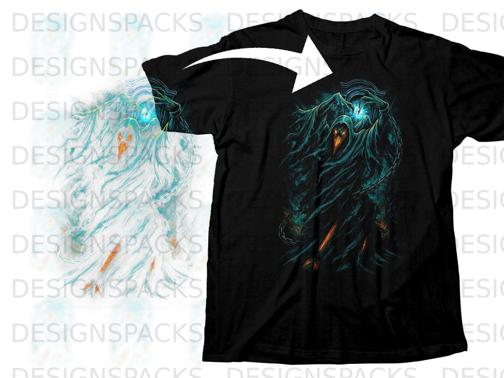 Black t-shirt with a grim reaper design and blue mystical glowing elements.