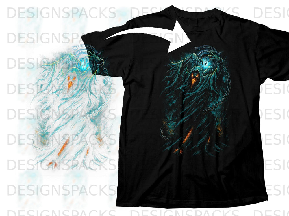 Black t-shirt with a grim reaper design and blue mystical glowing elements.