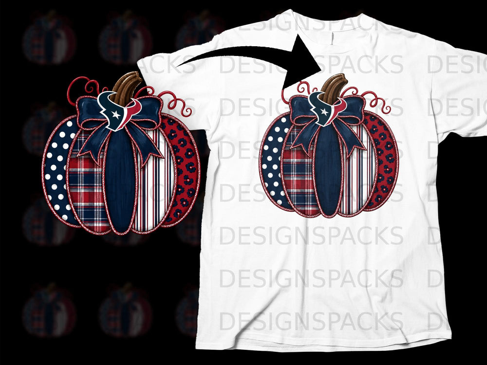 Houston Texans football logo on a patchwork pumpkin with a navy bow.