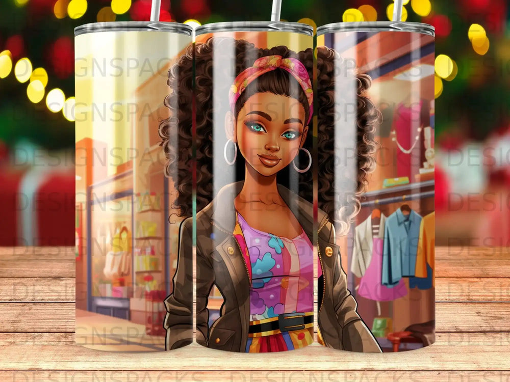Woman with brown curly hair and colorful outfit wearing a jacket.