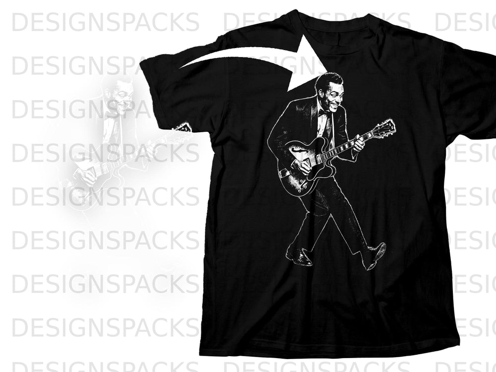 Black t-shirt with a white graphic of Chuck Berry playing a guitar.