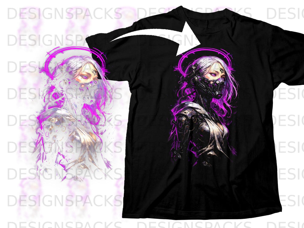 Black t-shirt with graphic of woman with purple cybernetic mask and halo.
