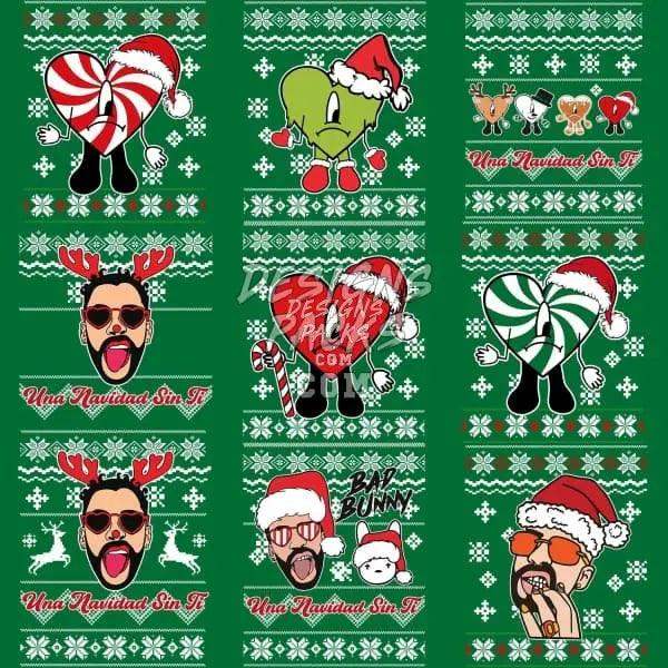 Festive Christmas sweater designs with candy canes, reindeer, Santa hats, and holiday text for DTF/DTG printing