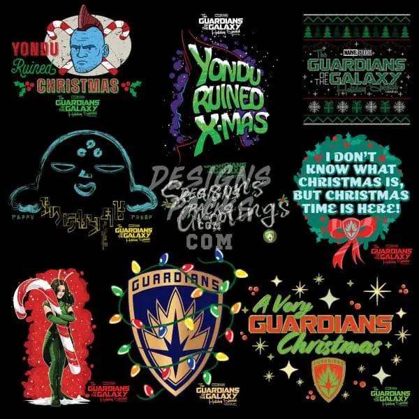 Guardians of the Galaxy Christmas designs with festive text and holiday motifs for print-ready use.