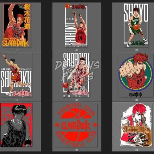 Slam Dunk basketball designs for DTF/DTG, embroidery, and tumbler wraps, featuring anime characters and team logos.