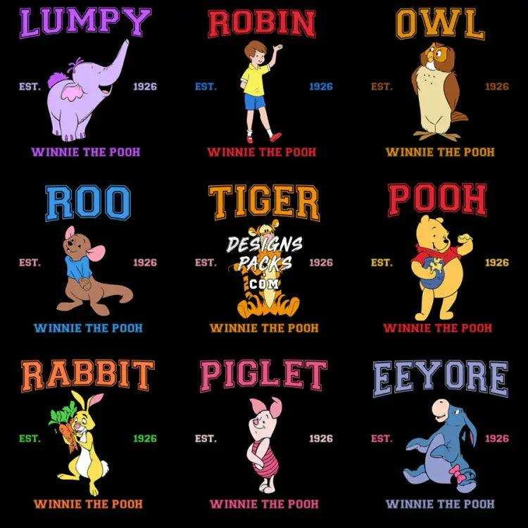 9 Cartoon Pooh College Style Designs Bundle Png