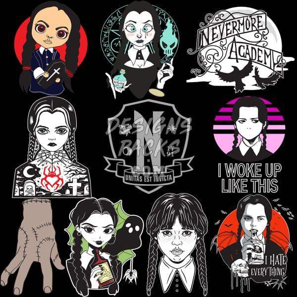 Wednesday Addams DTF DTG designs bundle, print-ready PNG SVG for t-shirts, tumblers, embroidery