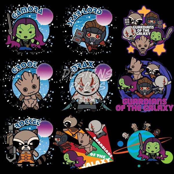 Guardians of the Galaxy chibi characters: Gamora, Star-Lord, Groot, Drax, Rocket — print-ready PNG designs
