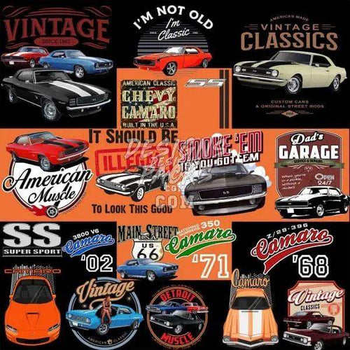 Vintage American muscle car designs for DTF/DTG and embroidery, featuring classic Camaro and SS themes.