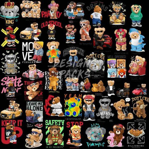Print-ready teddy bear designs for DTF, DTG, embroidery, and tumbler wraps with trendy phrases and styles.