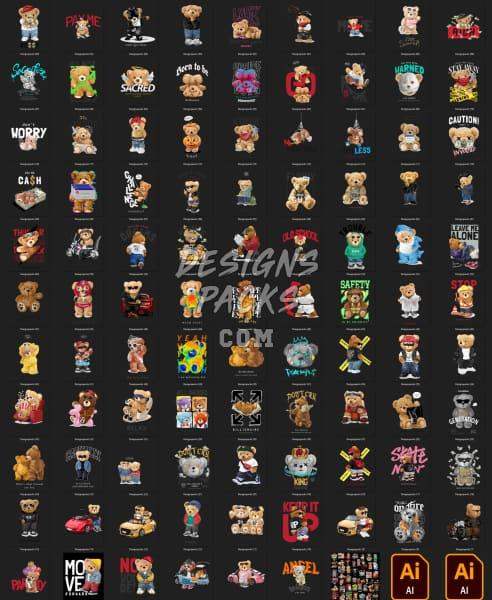 Print-ready DTF/DTG teddy bear designs bundle, PNG/SVG/PES, instant download for t-shirts & merch