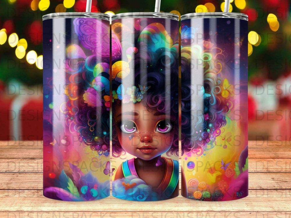 Whimsical girl with colorful curly hair and butterfly wings, against a vibrant bokeh background.