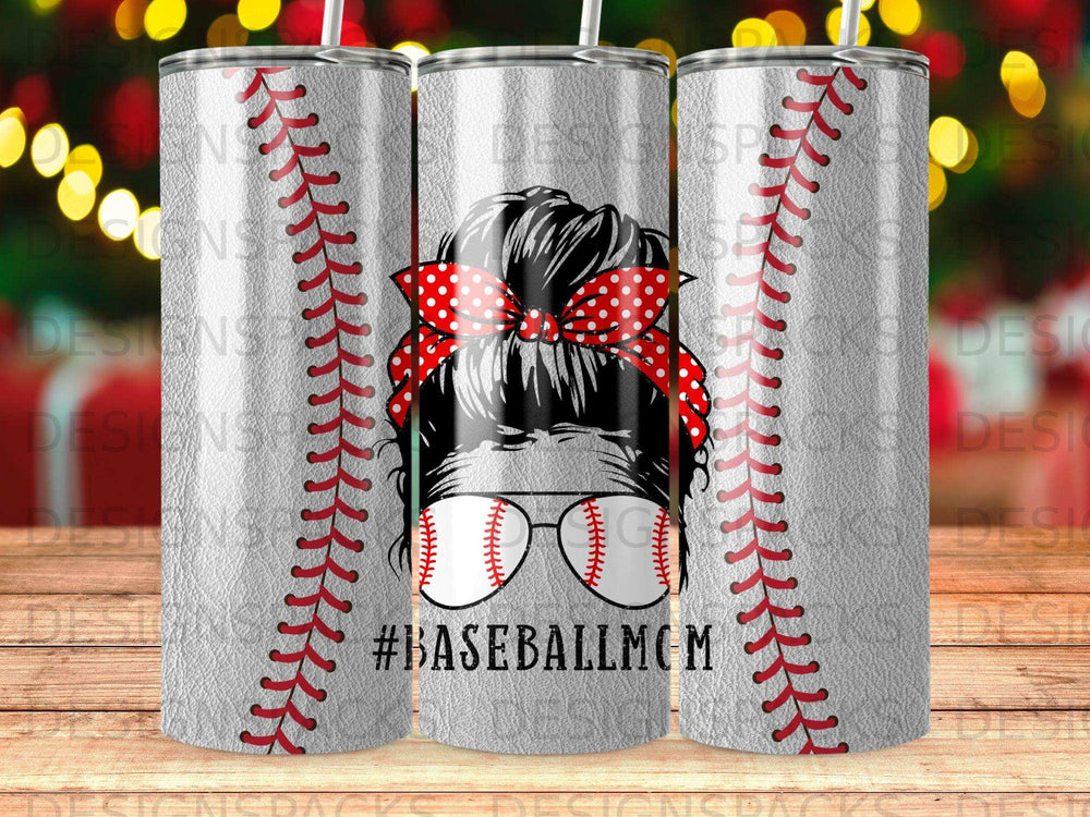 Baseball mom tumbler with red bandana and sunglasses.