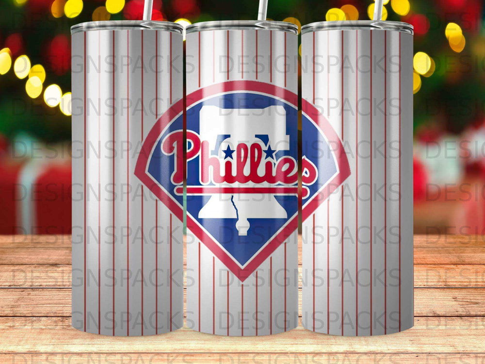 Philadelphia Phillies logo on a white tumbler with red and blue stripes.