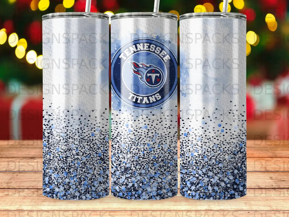 Tennessee Titans logo on a glitter-covered tumbler with bokeh lights background.