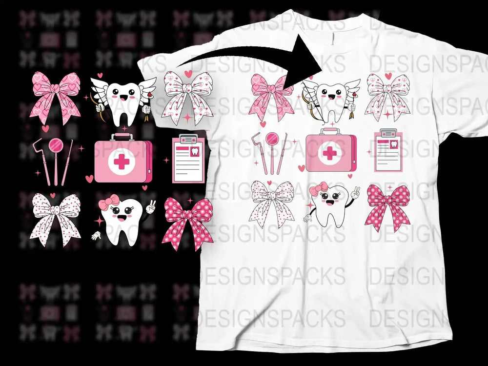 Cute Tooth Fairy Clipart, Dental Care Graphics, Pink Bow, Tooth Character Design for Crafting, Digital Download Images for T-Shirts and DIY
