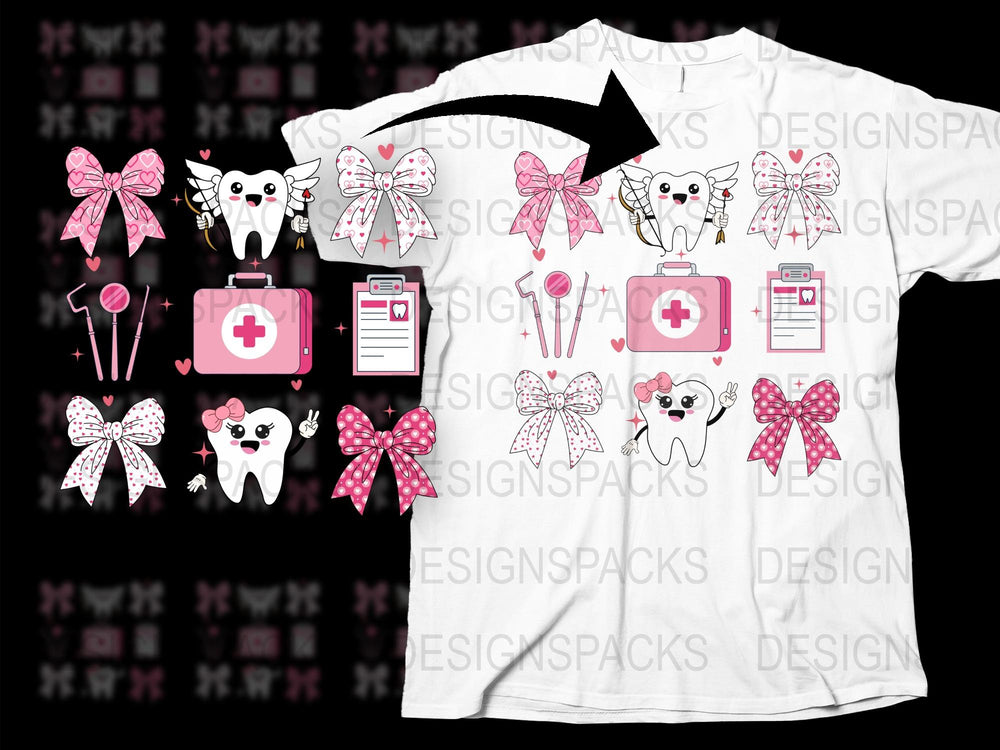 Cute Tooth Fairy Clipart, Dental Care Graphics, Pink Bow, Tooth Character Design for Crafting, Digital Download Images for T-Shirts and DIY