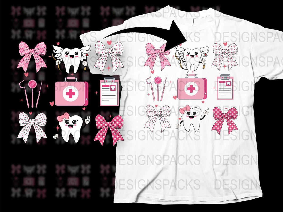 Cute Tooth Fairy Clipart, Dental Care Graphics, Pink Bow, Tooth Character Design for Crafting, Digital Download Images for T-Shirts and DIY