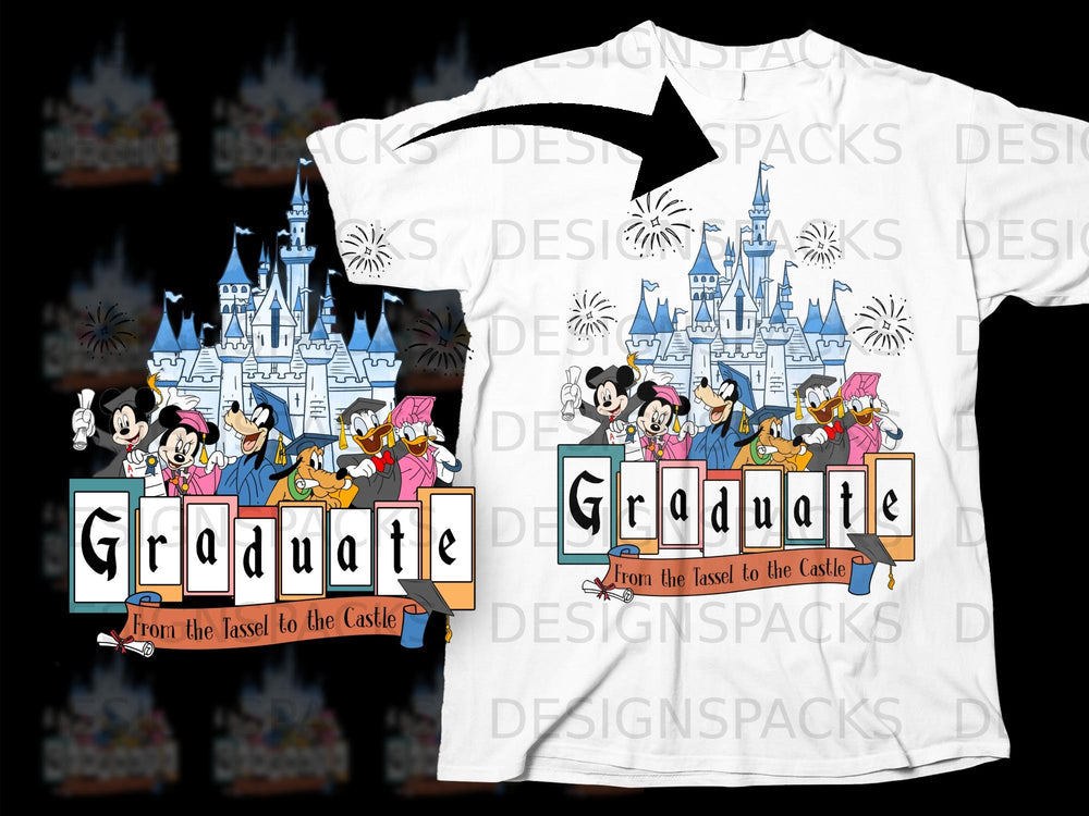 Disney characters celebrate graduation with "Graduate" text and castle background.