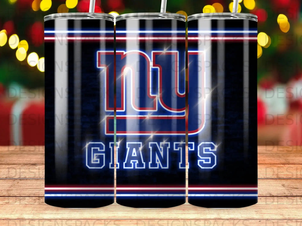 New York Giants logo on a navy blue tumbler with glowing lights.