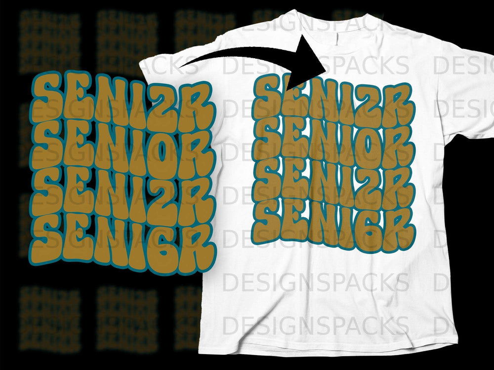 Retro "SENIOR" text design on a white t-shirt.