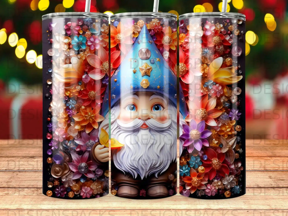 Gnome with blue hat and white beard holding flower, surrounded by colorful floral design.
