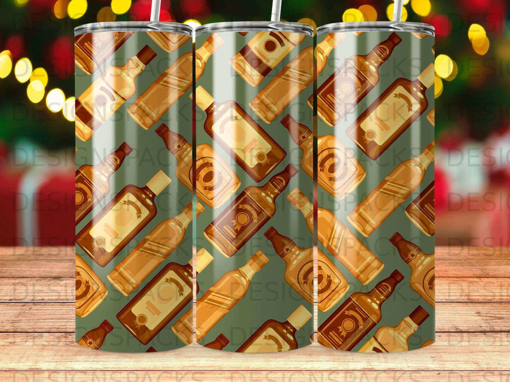 Pattern of whiskey bottles with labels on a green background.