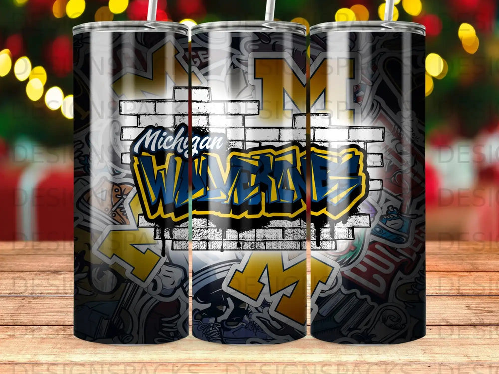 Graffiti-style "Michigan Wolverines" logo on a brick pattern background.