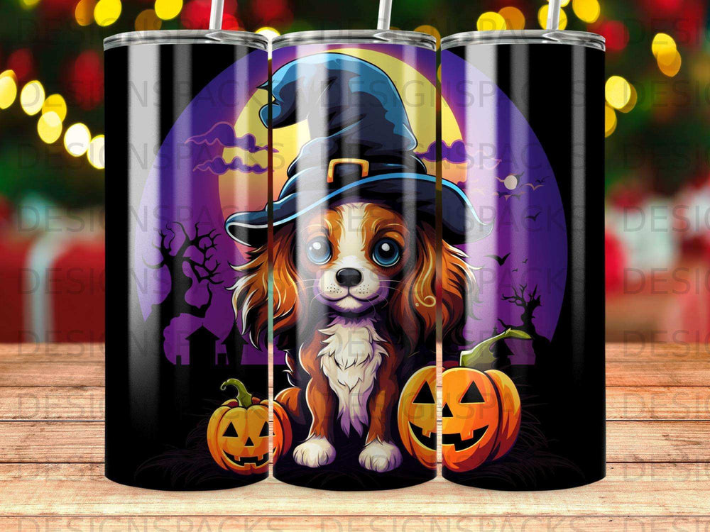 Cute dog in witch hat with pumpkins, Halloween design.