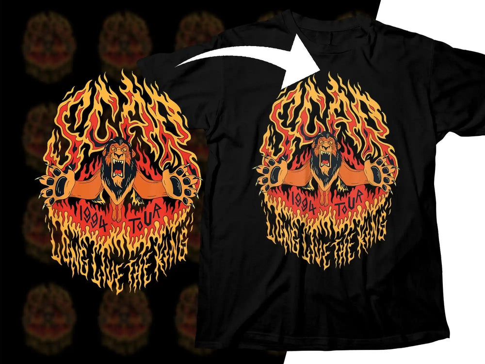 Fiery lion design on black t-shirt, 1994 Tour print, bold flames and claws, perfect for DTG/DTF printing.