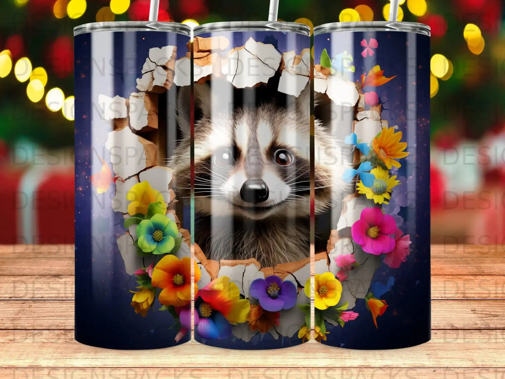 Raccoon peeking through a cracked wall surrounded by colorful flowers.